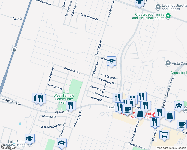 map of restaurants, bars, coffee shops, grocery stores, and more near 528 Parkfield Lane in Temple