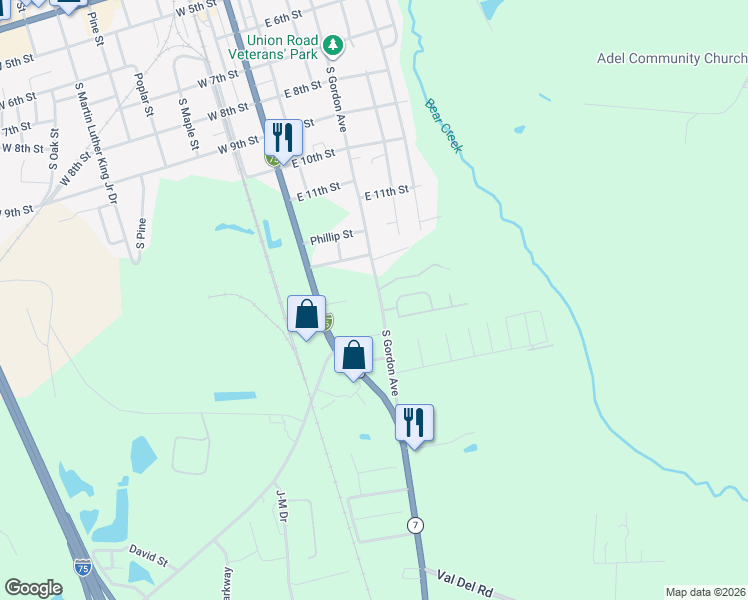 map of restaurants, bars, coffee shops, grocery stores, and more near 1009 S Gordon Ave in Adel