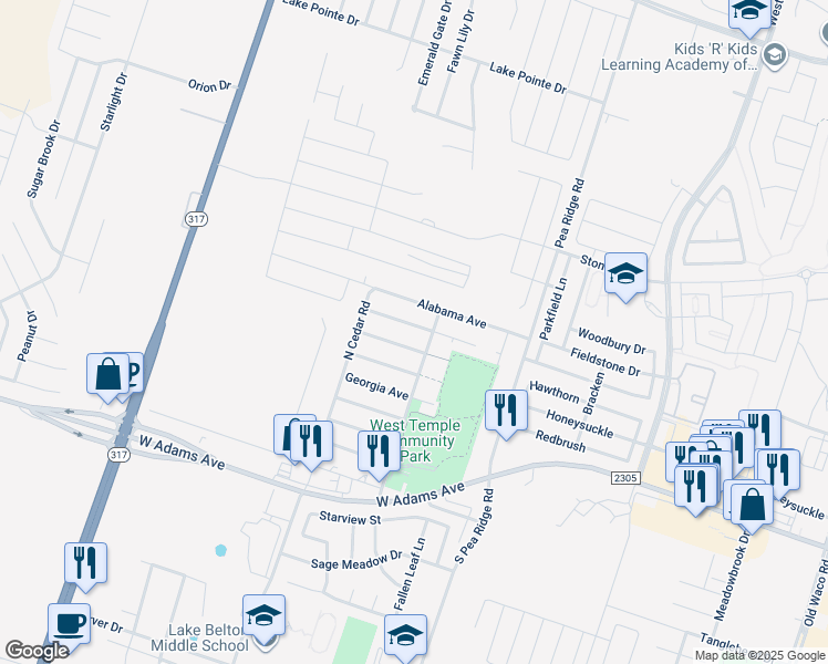 map of restaurants, bars, coffee shops, grocery stores, and more near 8606 Alaska Avenue in Temple
