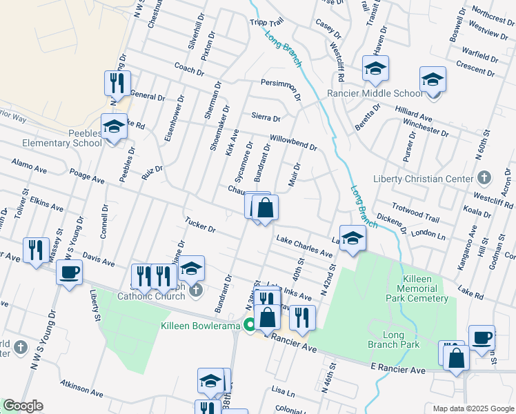 map of restaurants, bars, coffee shops, grocery stores, and more near 2914 Chaucer Drive in Killeen