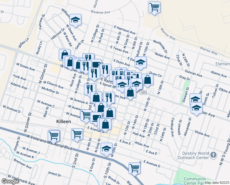 map of restaurants, bars, coffee shops, grocery stores, and more near 806 North Gray Street in Killeen