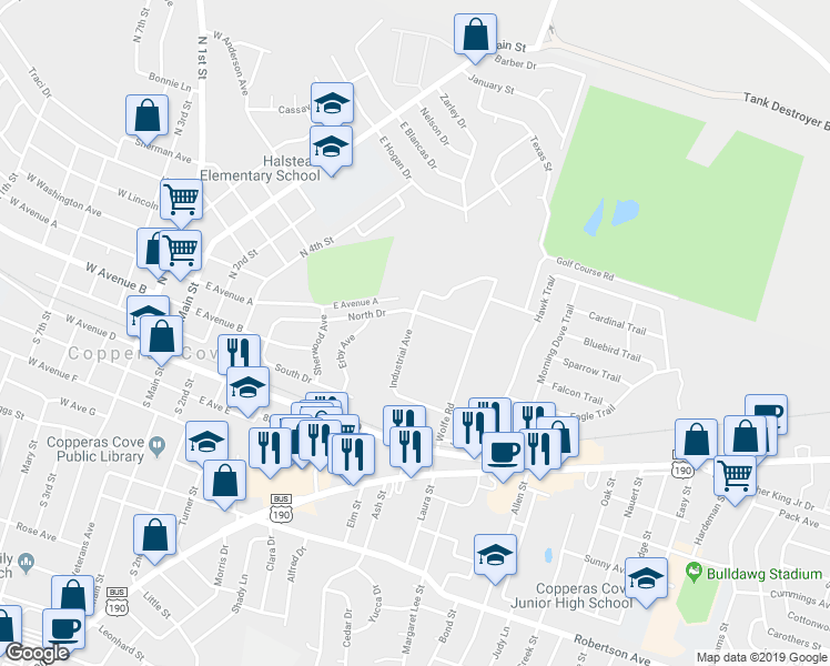 map of restaurants, bars, coffee shops, grocery stores, and more near 800 Industrial Avenue in Copperas Cove
