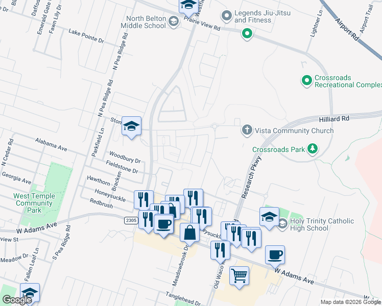map of restaurants, bars, coffee shops, grocery stores, and more near 628 Ripplewood Drive in Temple