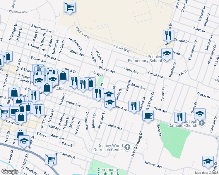 map of restaurants, bars, coffee shops, grocery stores, and more near 1208 Alexander Street in Killeen
