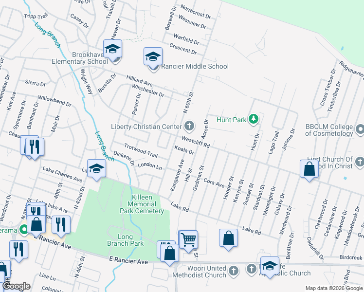 map of restaurants, bars, coffee shops, grocery stores, and more near 4101 Koala Drive in Killeen