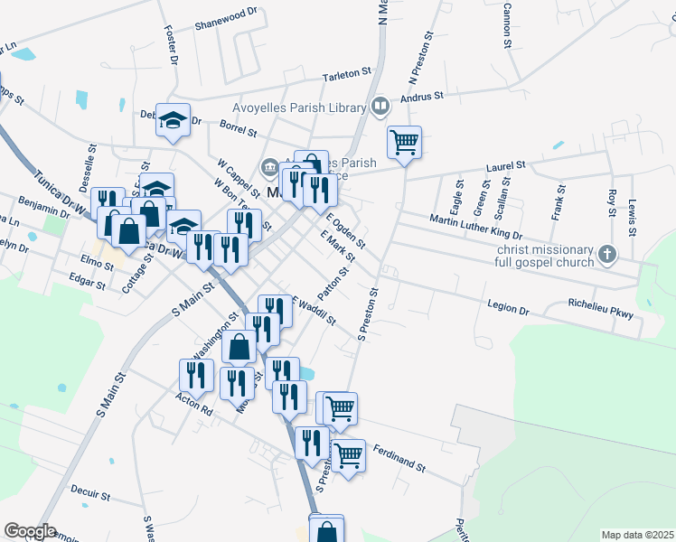 map of restaurants, bars, coffee shops, grocery stores, and more near 101-123 Patton Street in Marksville