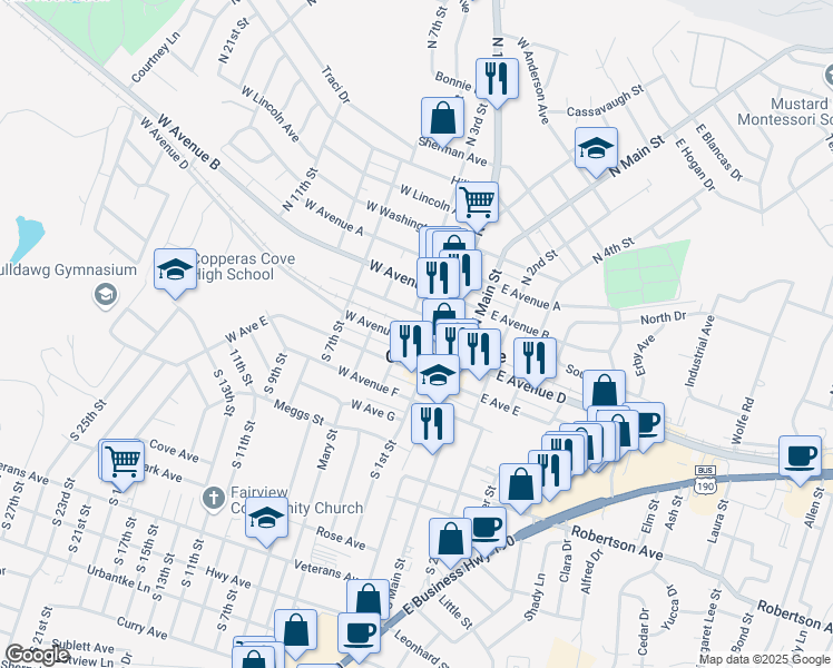 map of restaurants, bars, coffee shops, grocery stores, and more near 102 South 1st Street in Copperas Cove