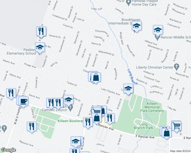 map of restaurants, bars, coffee shops, grocery stores, and more near 3008 Chaucer Drive in Killeen
