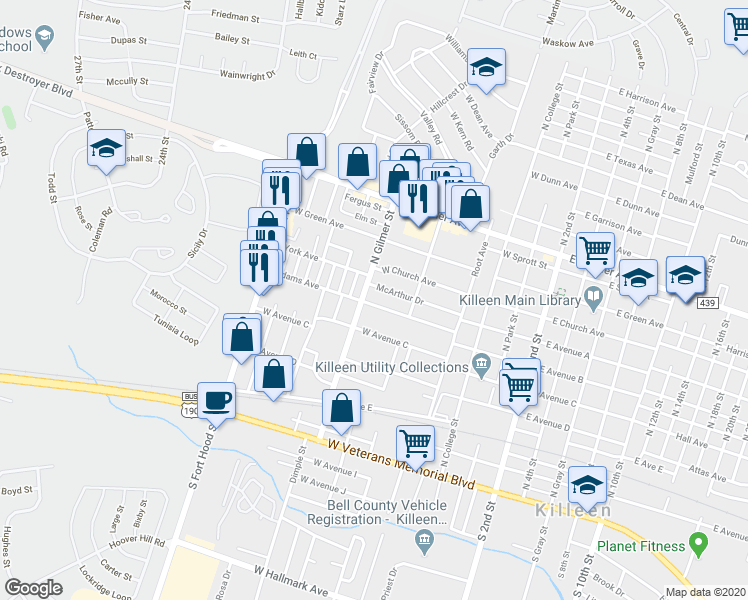map of restaurants, bars, coffee shops, grocery stores, and more near 725 Adams Avenue in Killeen