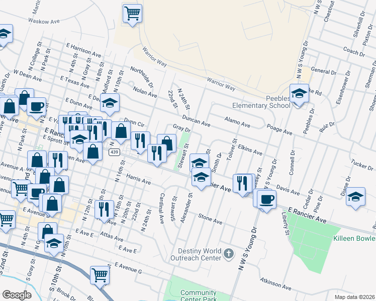 map of restaurants, bars, coffee shops, grocery stores, and more near 1301-1387 Culp Avenue in Killeen