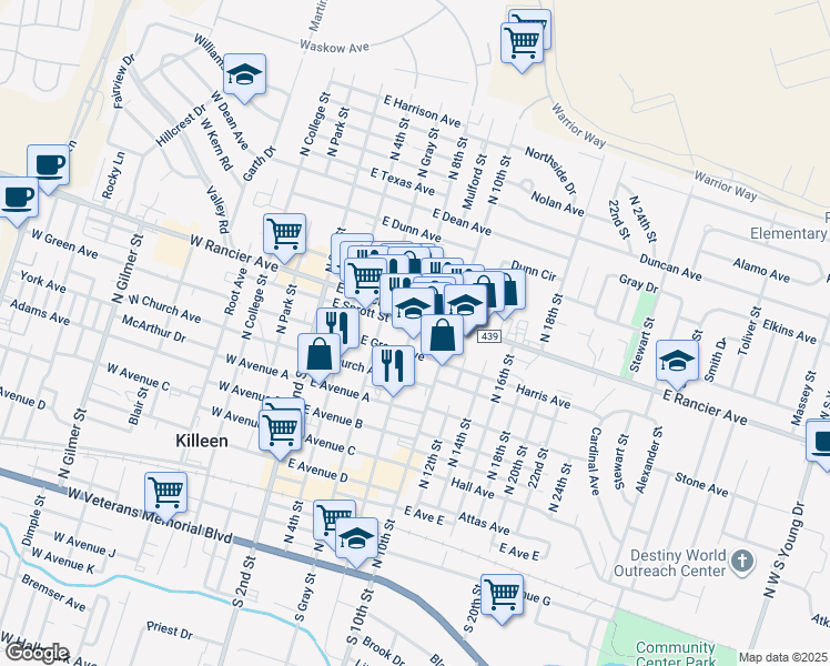 map of restaurants, bars, coffee shops, grocery stores, and more near 806 North 8th Street in Killeen