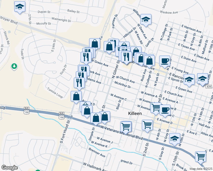 map of restaurants, bars, coffee shops, grocery stores, and more near 507 North Gilmer Street in Killeen