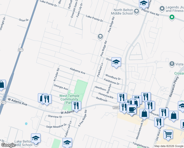 map of restaurants, bars, coffee shops, grocery stores, and more near 8206 Alabama Avenue in Temple