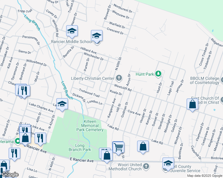 map of restaurants, bars, coffee shops, grocery stores, and more near 4101 Koala Drive in Killeen