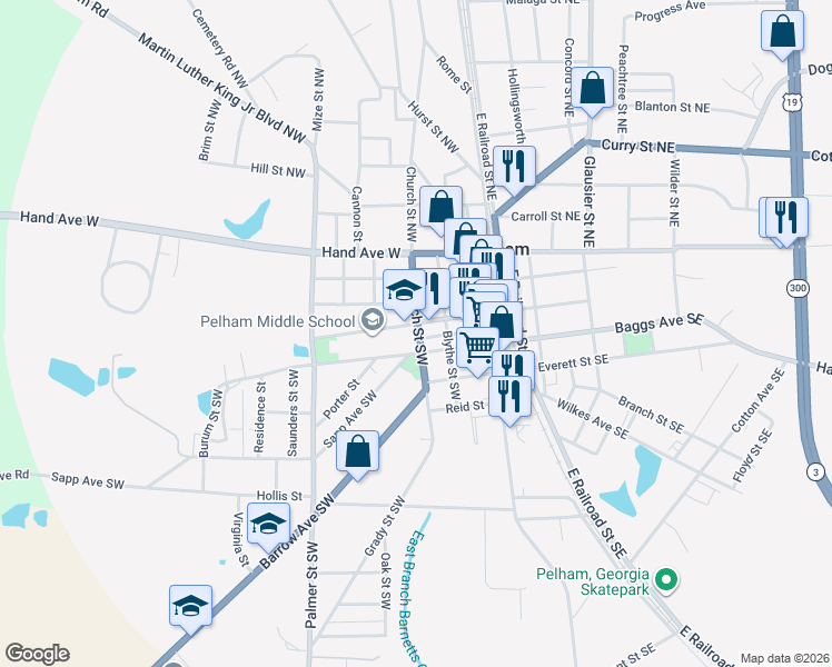 map of restaurants, bars, coffee shops, grocery stores, and more near 198 Jackson St SW in Pelham