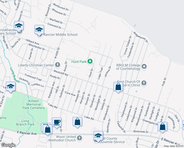 map of restaurants, bars, coffee shops, grocery stores, and more near 2204 Hunt Drive in Killeen
