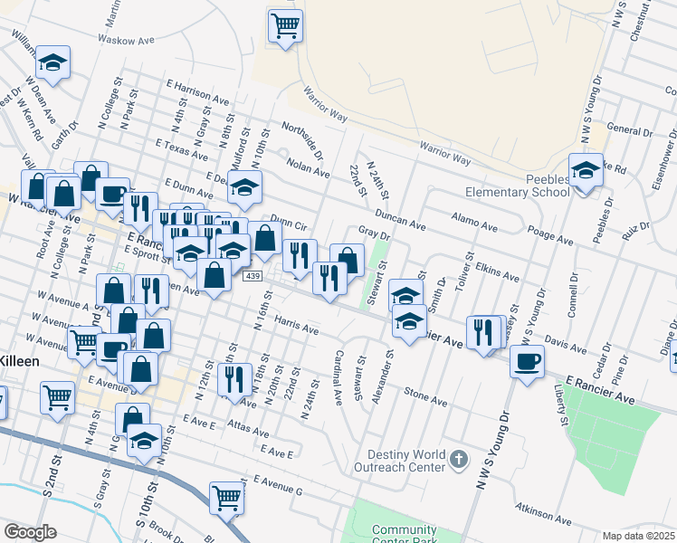 map of restaurants, bars, coffee shops, grocery stores, and more near 1210 Culp Avenue in Killeen