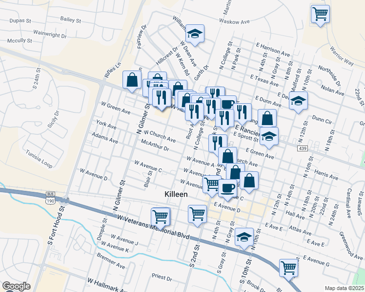 map of restaurants, bars, coffee shops, grocery stores, and more near 400 West Church Avenue in Killeen