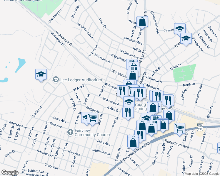 map of restaurants, bars, coffee shops, grocery stores, and more near 405 West Avenue D in Copperas Cove