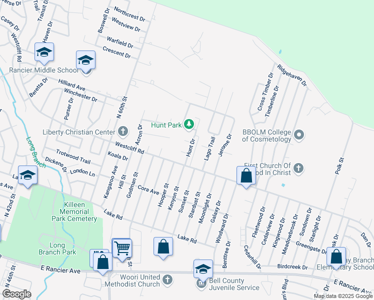 map of restaurants, bars, coffee shops, grocery stores, and more near 2204 Hunt Drive in Killeen