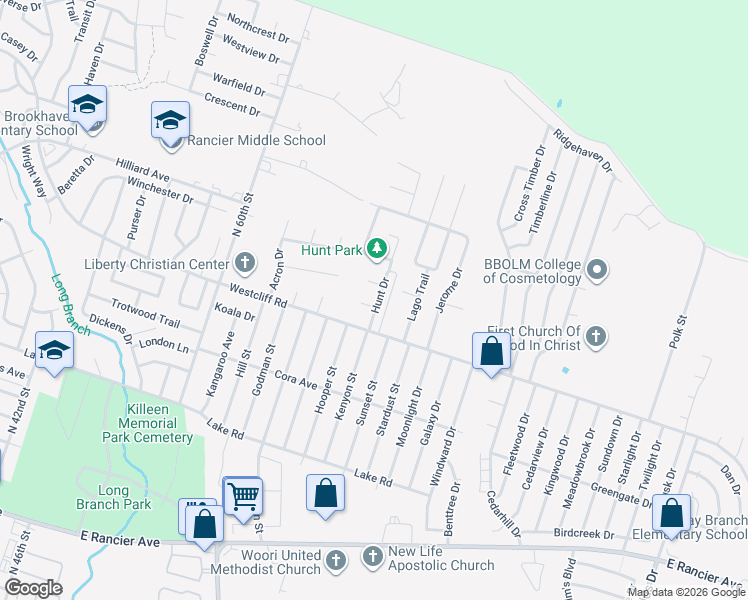 map of restaurants, bars, coffee shops, grocery stores, and more near 4505 Hunt Circle in Killeen