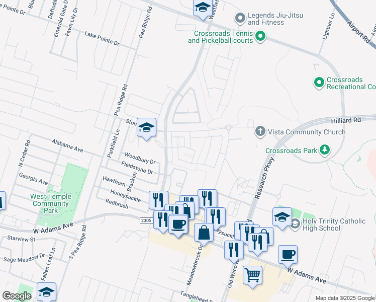 map of restaurants, bars, coffee shops, grocery stores, and more near 7517 Copper Creek Trail in Temple