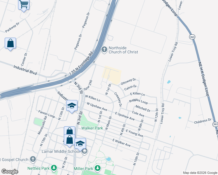 map of restaurants, bars, coffee shops, grocery stores, and more near 3025 North 1st Street in Temple