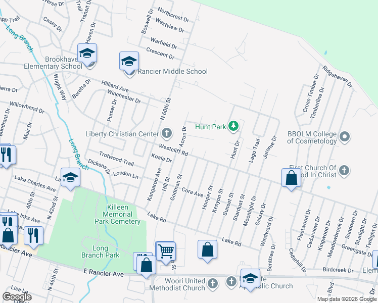 map of restaurants, bars, coffee shops, grocery stores, and more near 2101 Beta Circle in Killeen