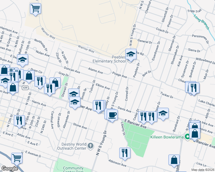 map of restaurants, bars, coffee shops, grocery stores, and more near 2003 Elkins Avenue in Killeen