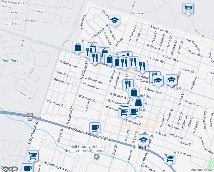 map of restaurants, bars, coffee shops, grocery stores, and more near 400 West Church Avenue in Killeen