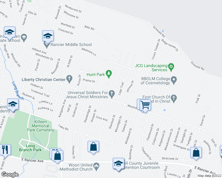 map of restaurants, bars, coffee shops, grocery stores, and more near 2202 Hunt Drive in Killeen
