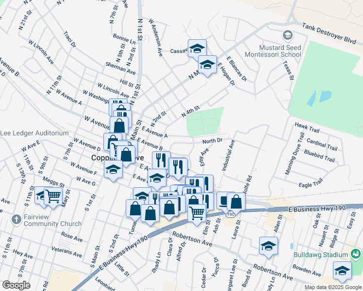 map of restaurants, bars, coffee shops, grocery stores, and more near 110 North Drive in Copperas Cove
