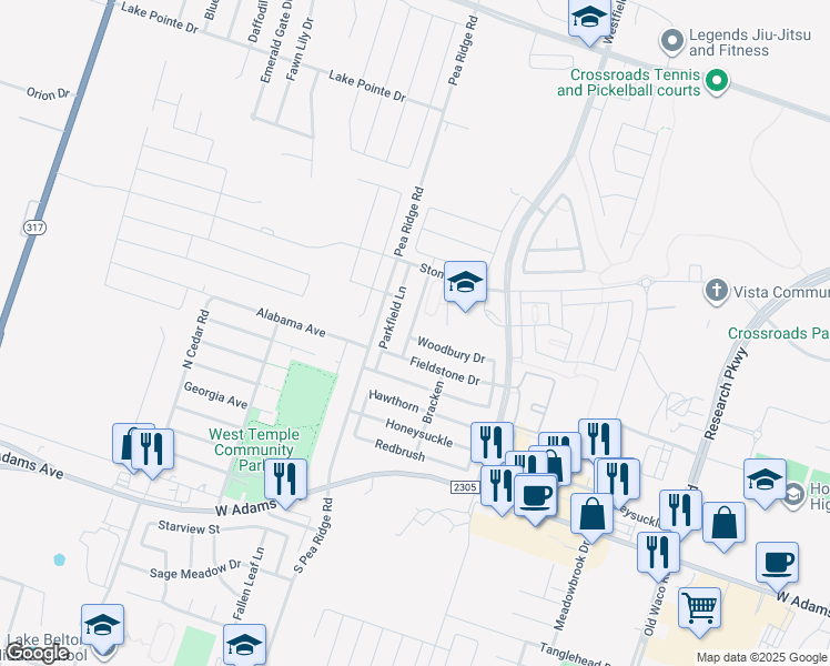 map of restaurants, bars, coffee shops, grocery stores, and more near 8016 Woodbury Drive in Temple