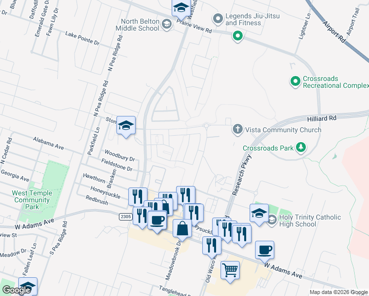 map of restaurants, bars, coffee shops, grocery stores, and more near 628 Ripplewood Drive in Temple