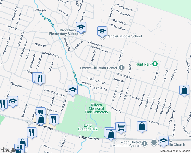 map of restaurants, bars, coffee shops, grocery stores, and more near 3802 Holbert Drive in Killeen
