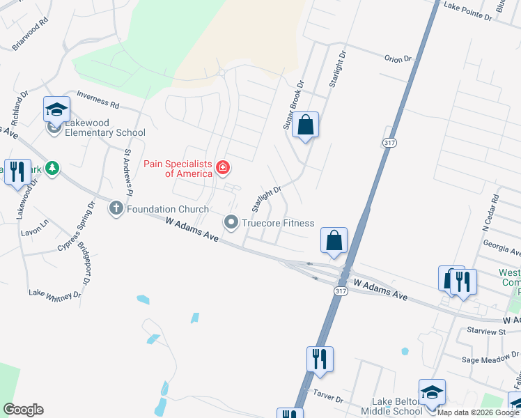 map of restaurants, bars, coffee shops, grocery stores, and more near 308 Starlight Drive in Temple