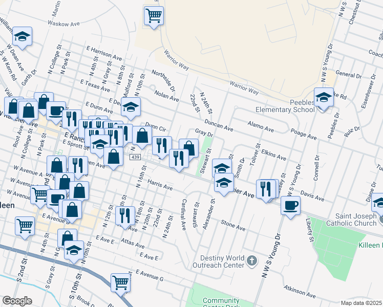 map of restaurants, bars, coffee shops, grocery stores, and more near 1210 Culp Avenue in Killeen