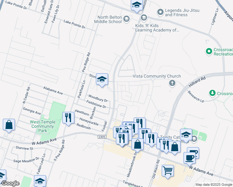 map of restaurants, bars, coffee shops, grocery stores, and more near 645 Westfield Boulevard in Temple