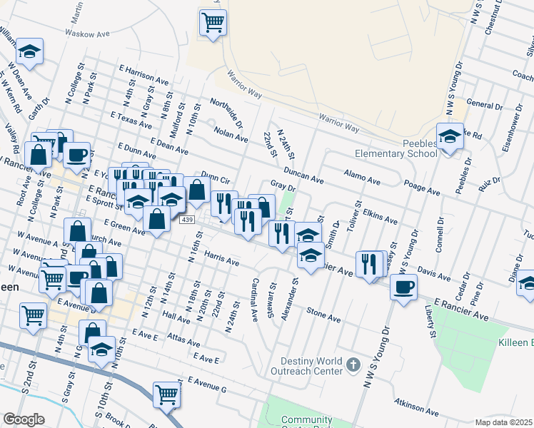 map of restaurants, bars, coffee shops, grocery stores, and more near 1210 Culp Avenue in Killeen