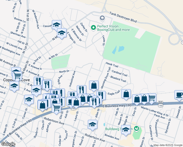 map of restaurants, bars, coffee shops, grocery stores, and more near 132 Wolfe Road in Copperas Cove
