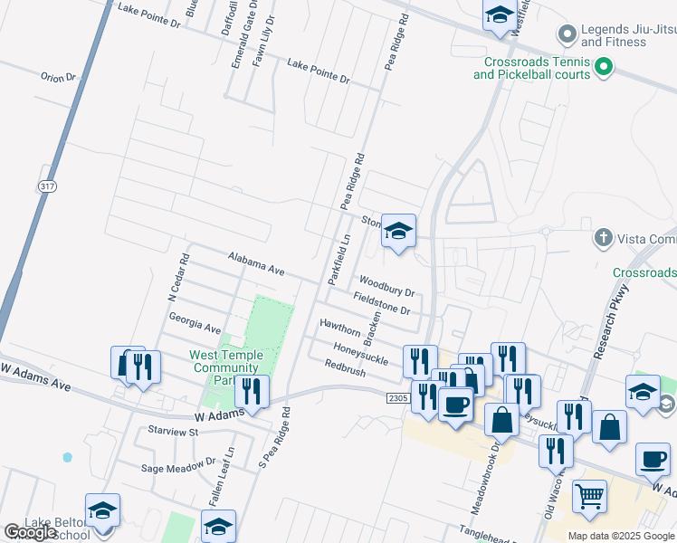 map of restaurants, bars, coffee shops, grocery stores, and more near 504 Prairie Lark Drive in Temple