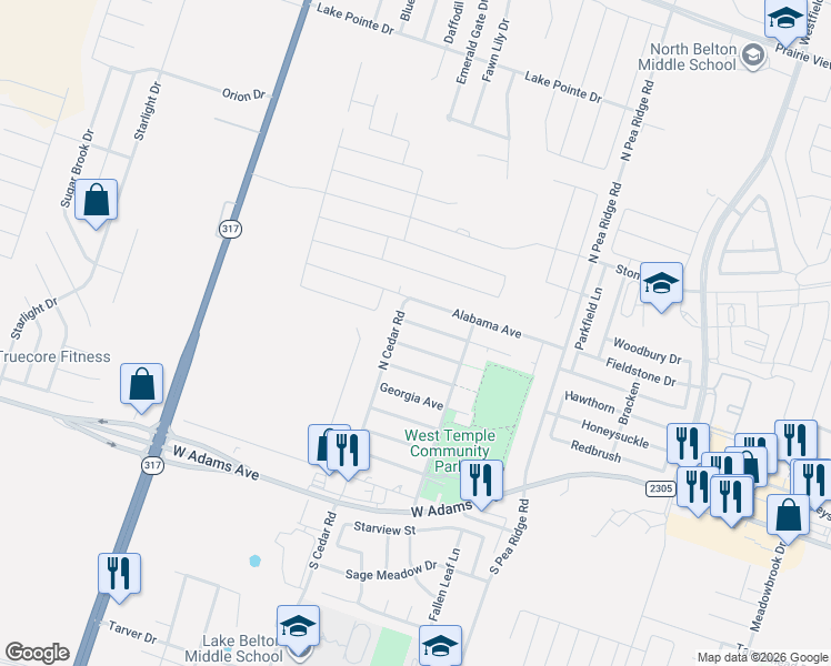 map of restaurants, bars, coffee shops, grocery stores, and more near 8713 Alaska Avenue in Temple