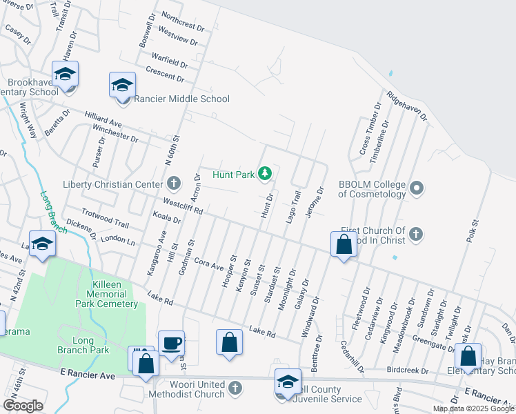 map of restaurants, bars, coffee shops, grocery stores, and more near 4501 Hunt Circle in Killeen