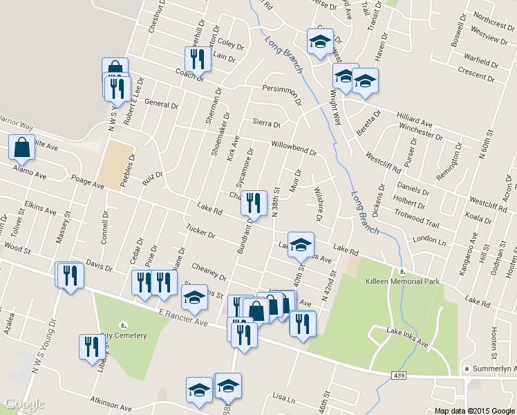 map of restaurants, bars, coffee shops, grocery stores, and more near 2916 Chaucer Drive in Killeen