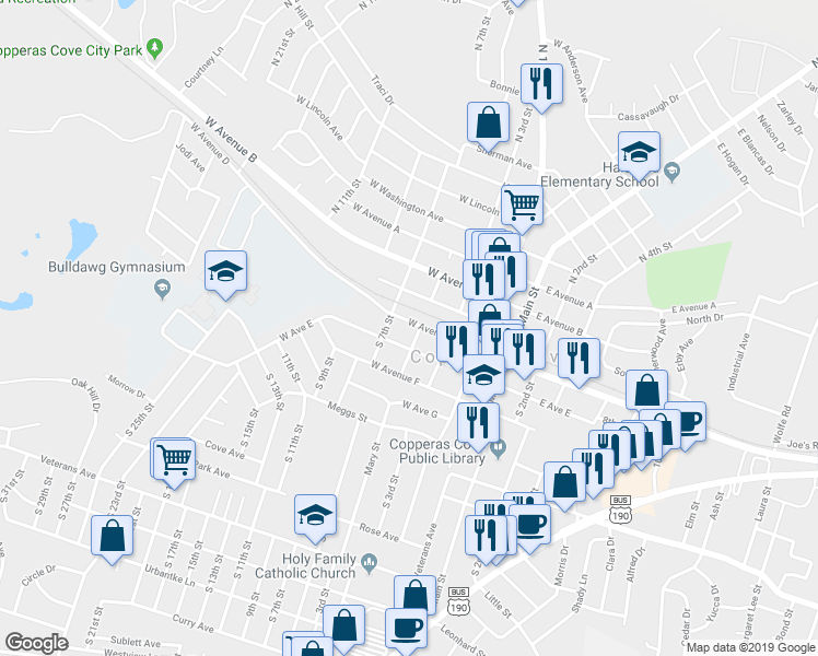 map of restaurants, bars, coffee shops, grocery stores, and more near 405 West Avenue D in Copperas Cove