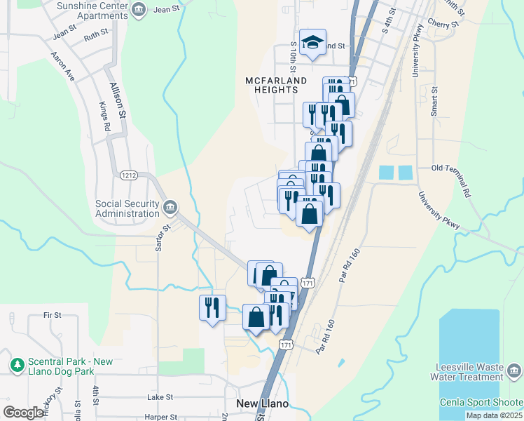 map of restaurants, bars, coffee shops, grocery stores, and more near 1612 Espoir Drive in Leesville