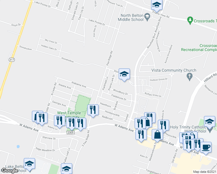 map of restaurants, bars, coffee shops, grocery stores, and more near 504 Prairie Lark Drive in Temple