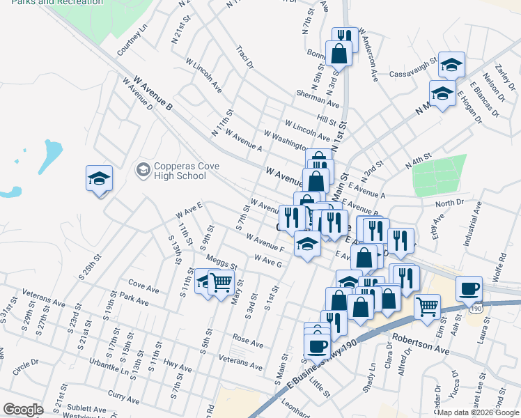 map of restaurants, bars, coffee shops, grocery stores, and more near 405 West Avenue D in Copperas Cove