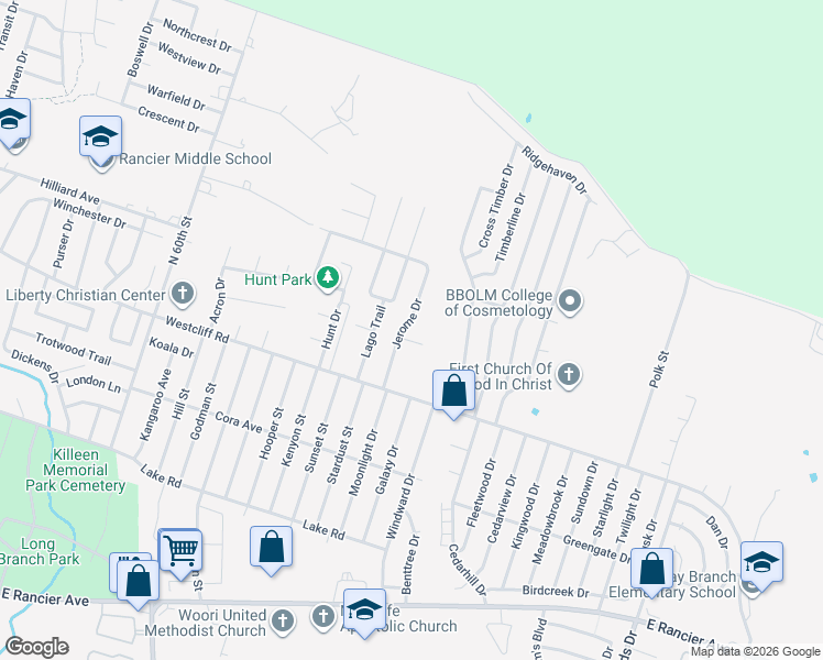 map of restaurants, bars, coffee shops, grocery stores, and more near 2208 Jerome Drive in Killeen