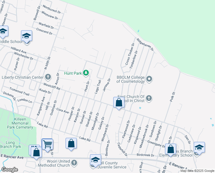 map of restaurants, bars, coffee shops, grocery stores, and more near 2300 Jerome Drive in Killeen